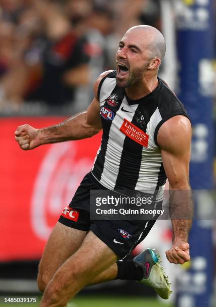 Steele Sidebottom of the Magpies celebrates kicking a goal during the round six AFL match between Collingwood Magpies and Essendon Bombers at...
