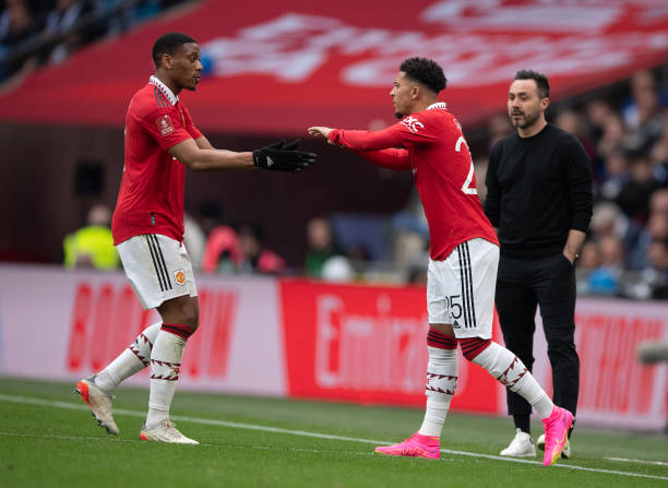 Anthony Martial of Manchester United is replaced by Jadon Sancho during the Emirates FA Cup Semi Final match between Brighton & Hove Albion and...