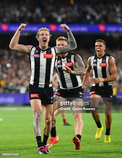 Beau McCreery of the Magpies celebrates kicking a goal during the round six AFL match between Collingwood Magpies and Essendon Bombers at Melbourne...