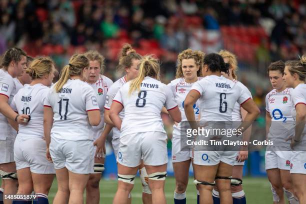 England players in a huddle during the Ireland V England, Women's Six Nations Rugby match at Musgrave Park on April 22nd in Cork, Ireland.
