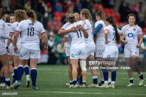 England players celebrate their victory during the Ireland V England, Women's Six Nations Rugby match at Musgrave Park on April 22nd in Cork, Ireland.