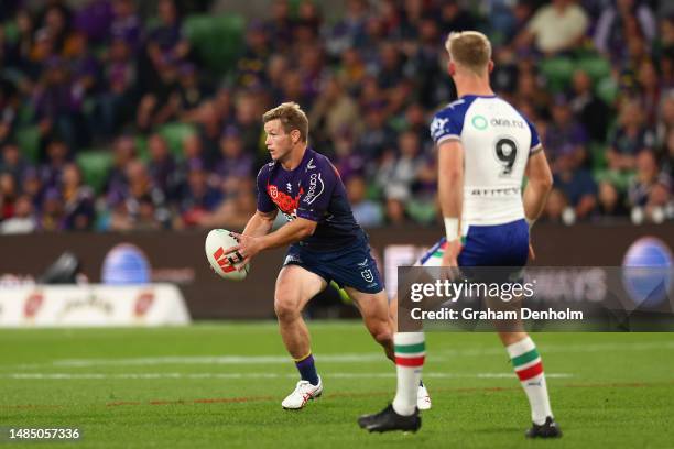 Harry Grant of the Storm in action during the round eight NRL match between Melbourne Storm and New Zealand Warriors at AAMI Park on April 25, 2023...