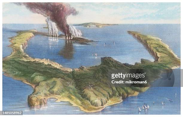old chromolithograph illustration of the islands of santorini greek archipelago with the submarine volcano - ancient thira stock pictures, royalty-free photos & images