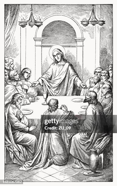 the last supper (luke 22, 19), wood engraving, published 1898 - communion-drawing stock illustrations