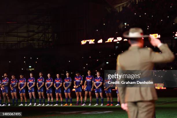 General view during the ANZAC Day ceremony prior to the round eight NRL match between Melbourne Storm and New Zealand Warriors at AAMI Park on April...