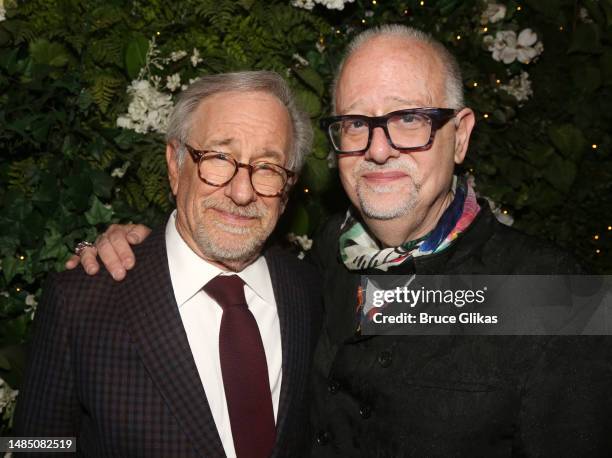 Producer Steven Spielberg and Playwright Doug Wright pose at the opening night after party for the new play "Goodnight, Oscar" on Broadway at Bryant...