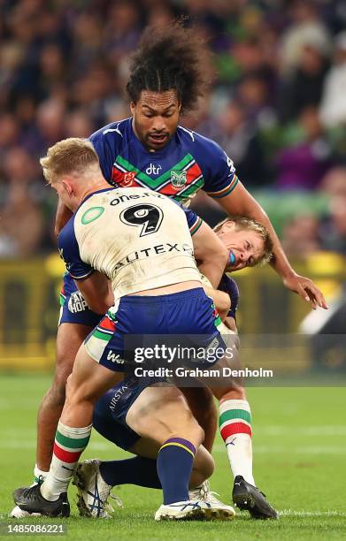 Tyran Wishart of the Storm is tackled during the round eight NRL match between Melbourne Storm and New Zealand Warriors at AAMI Park on April 25,...