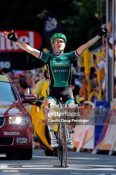 Thomas Voeckler of France riding for Europcar celebrates as he wins stage sixteen of the 2012 Tour de France from Pau to Bagneres-de-Luchon on July...