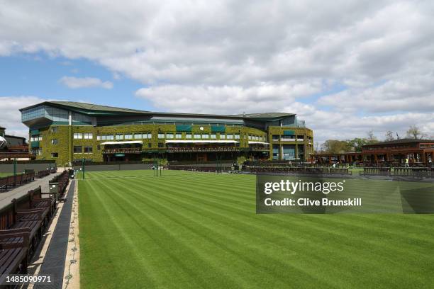 General view outside Centre Court at All England Lawn Tennis and Croquet Club on April 25, 2023 in London, England.