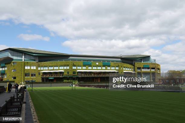 General view outside Centre Court at All England Lawn Tennis and Croquet Club on April 25, 2023 in London, England.