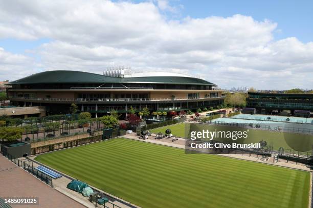 General view outside Court One at All England Lawn Tennis and Croquet Club on April 25, 2023 in London, England.