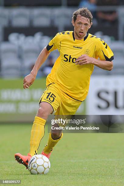 Lasse Kryger of AC Horsens in action during the Superliga match between AC Horsens and FC Nordsjaelland at Casa Arena on July 16, 2012 in Horsens,...