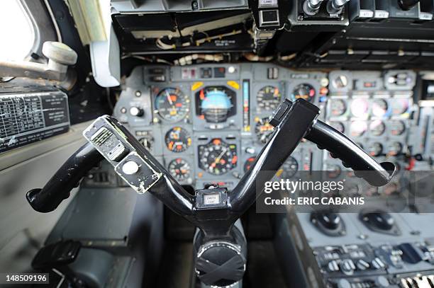 Picture taken on July 18, 2012 shows the yoke and navigation instruments in the cockpit of a pre-serie Concorde airplane at the Blagnac airport,...