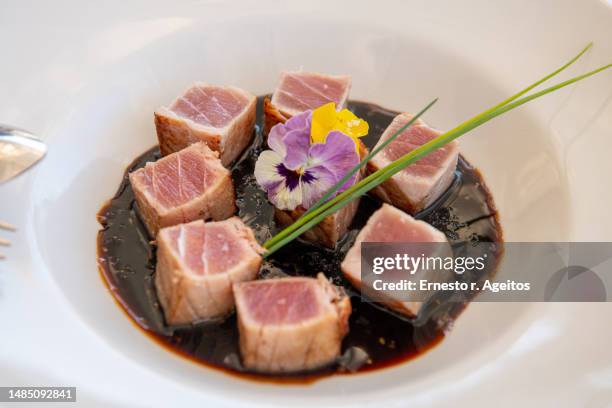 red tuna tataki over teriyaki sauce - meal fotografías e imágenes de stock