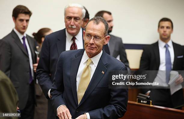 Lockheed Martin Chairman and CEO Robert Stevens and EADS North America Chairman and CEO Sean O'Keefe arrive before testifying to the House Armed...