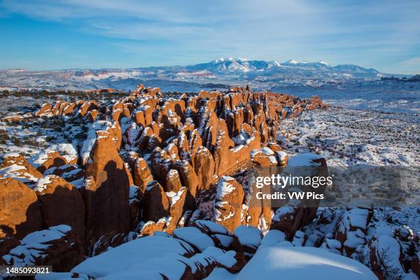 Snow on Fiery Furnace Entranda sandstone fins with snow-capped La Sal Mountains behind. Arches National Park, Moab, Utah.