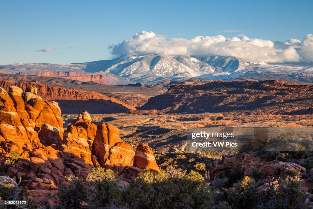 The Fiery Furnace view from the west with the La Sal Mountains behind. Arches National Park, Moab, Utah