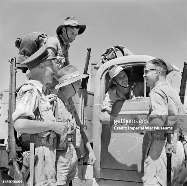 The Battle of El Alamein: Australian reinforcements arrive on the battle front and greeted by British soldiers of the 8th Army, Egypt, 1942.