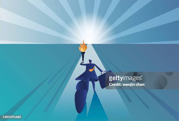 a business man holding a torch and running towards the light - professional sportsperson stock illustrations