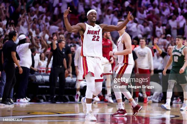 Jimmy Butler of the Miami Heat reacts during the fourth quarter against the Milwaukee Bucks in Game Four of the Eastern Conference First Round...