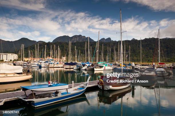 marina at telaga harbour park and gunung machinchang, pantai kok. - pantai kok stock pictures, royalty-free photos & images
