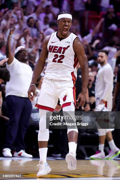 Jimmy Butler of the Miami Heat reacts during the fourth quarter against the Milwaukee Bucks in Game Four of the Eastern Conference First Round...