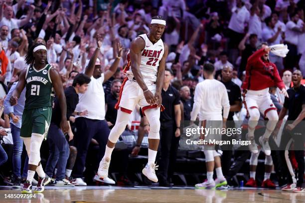 Jimmy Butler of the Miami Heat reacts during the fourth quarter against the Milwaukee Bucks in Game Four of the Eastern Conference First Round...