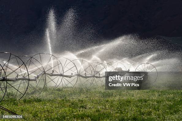 Sideroll or wheel line irrigation in a hay field on a ranch near Moab, Utah