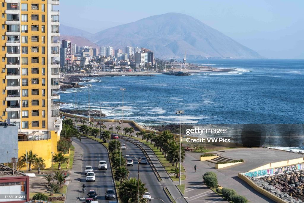 A cityscape of Antofagasta, Chile and the Pacific Ocean