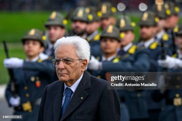 Italian President Sergio Mattarella attends the wreath-laying ceremony at the Tomb of the Unknown Soldier to mark the 78th Liberation Day, on April...