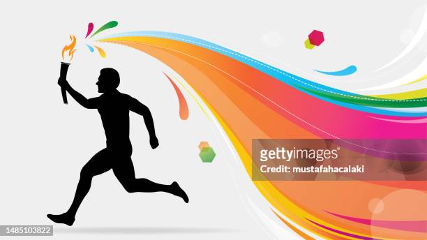 ein läufer mit einer fackel und einem bunten regenbogen taucht aus dem feuer seiner fackel auf - sport torch stock-grafiken, -clipart, -cartoons und -symbole