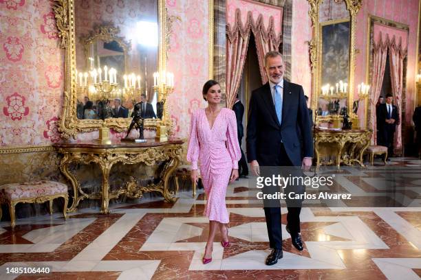 King Felipe VI of Spain and Queen Letizia of Spain attend a luncheon for world literature members on the occassion of the 'Miguel de Cervantes' 2022...