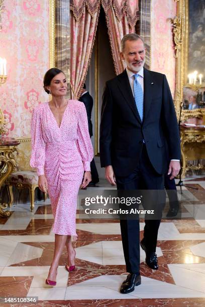 King Felipe VI of Spain and Queen Letizia of Spain attend a luncheon for world literature members on the occasion of the 'Miguel de Cervantes' 2022...