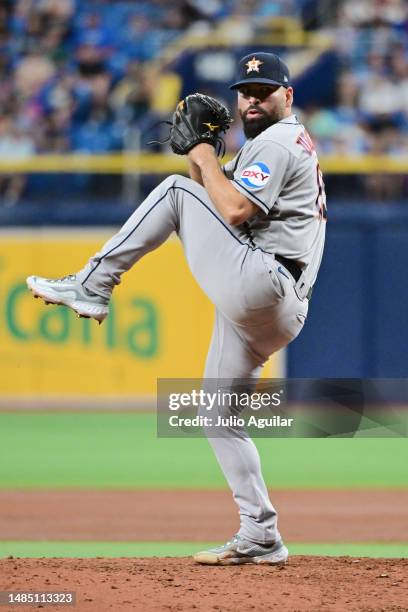 Jose Urquidy of the Houston Astros delivers a pitch to the Tampa Bay Rays in the third inning at Tropicana Field on April 24, 2023 in St Petersburg,...