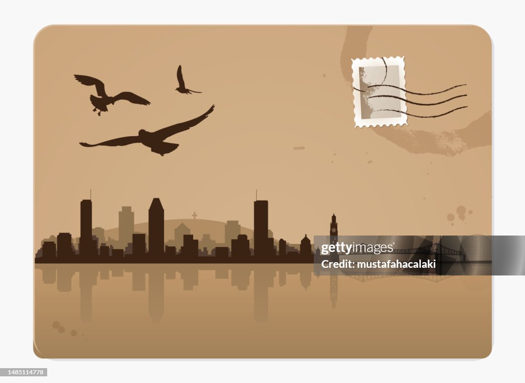 Retro postcard of Montreal with cityscape and old postage stamp