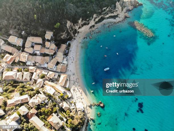 drone view of agios nikitas beach in lefkada - levkas stock pictures, royalty-free photos & images