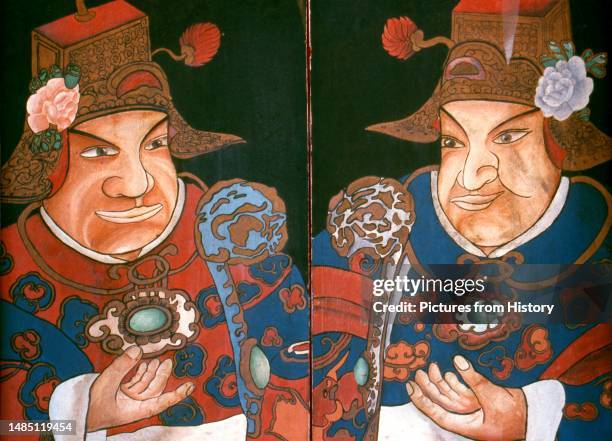 Door painting depicting Chinese merchants at Thian Hock Keng Temple, Telok Ayer Street in Singapore's Chinatown area. The temple, also known as the...