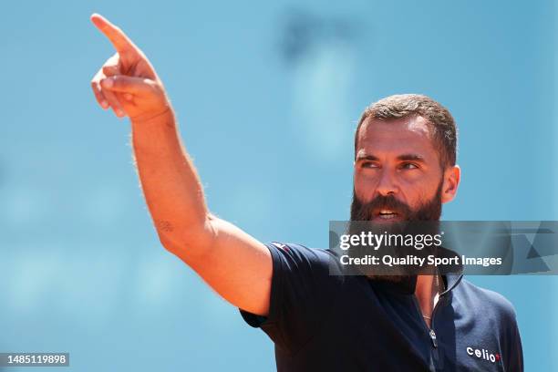 Benoit Paire of France celebrates his win over Kaichi Uchida of Japan in their Men's Singles Round Qualifying match during day two of Mutua Madrid...