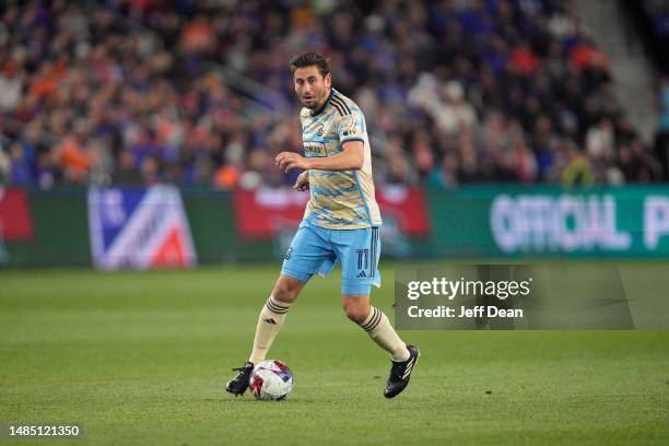 Alejandro Bedoya of Philadelphia Union controls the ball during an MLS soccer match against FC Cincinnati at TQL Stadium on April 08, 2023 in...