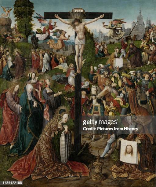 'The Crucifixion'. Oil on panel painting by Jacob Cornelisz van Oostsanen , c. 1507-1510. In this famous scene from the New Testament of the...
