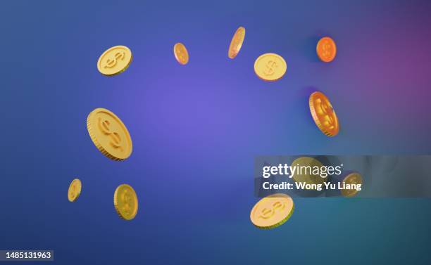 gold coins levitating with copy space in middle , 3d render - gold mining foto e immagini stock