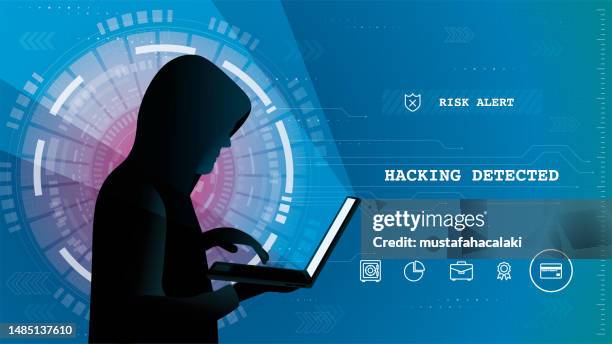 hacker using computer on an abstract hacking detected security breach background - software stock illustrations