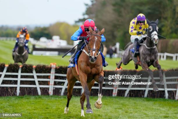 Paul Townend riding Facile Vega clear the last to win The KPMG Champion Novice Hurdle at Punchestown Racecourse on April 25, 2023 in Naas, Ireland.