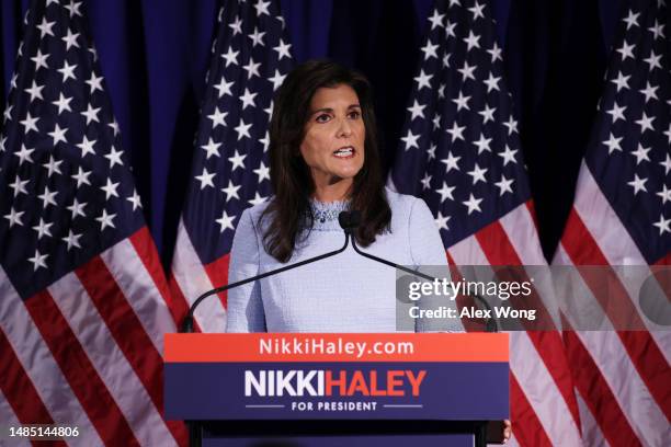 Republican U.S. Presidential candidate, former South Carolina Governor and former U.S. Ambassador to the United Nations Nikki Haley delivers a major...