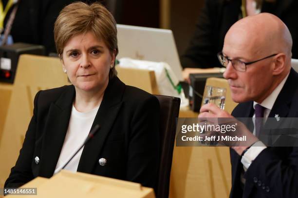 Nicola Sturgeon, former First Minister of Scotland, attends Scottish Parliament on April 25, 2023 in Edinburgh, Scotland. This is the first time...