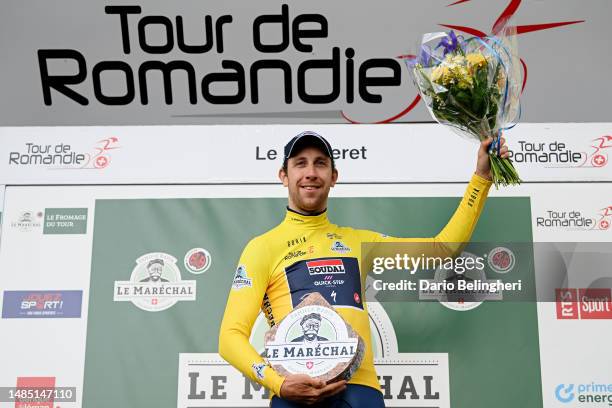 Josef Cerný of Czech Republic and Team Soudal Quick-Step celebrates at podium as Yellow leader jersey winner after the 76th Tour De Romandie 2023,...