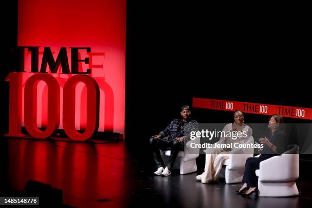 Carmelo Anthony, Nneka Ogwumike and Elizabeth Alexander speak onstage at the 2023 TIME100 Summit at Jazz at Lincoln Center on April 25, 2023 in New...