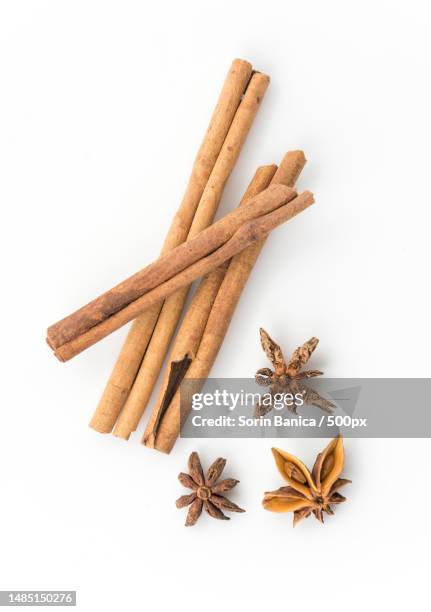 directly above shot of spices over white background - cinnamon stock pictures, royalty-free photos & images