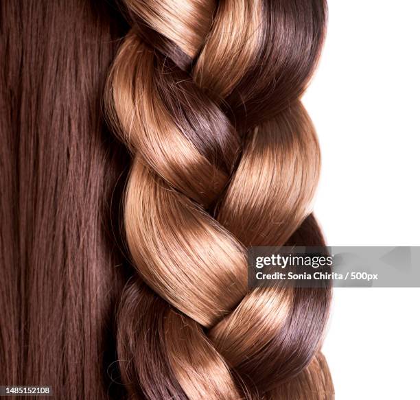 braid hairstyle brown long hair close up,romania - hair editorial stock pictures, royalty-free photos & images