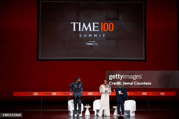 Carmelo Anthony, Nneka Ogwumike and Elizabeth Alexander speak onstage at the 2023 TIME100 Summit at Jazz at Lincoln Center on April 25, 2023 in New...